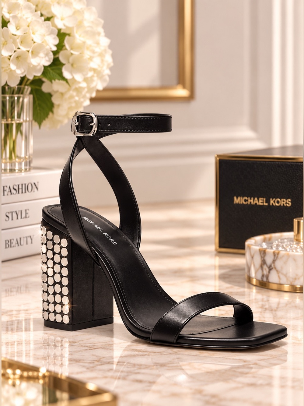 MICHAEL KORS Merriam Studded Leather Block-Heel Sandals – Size 9